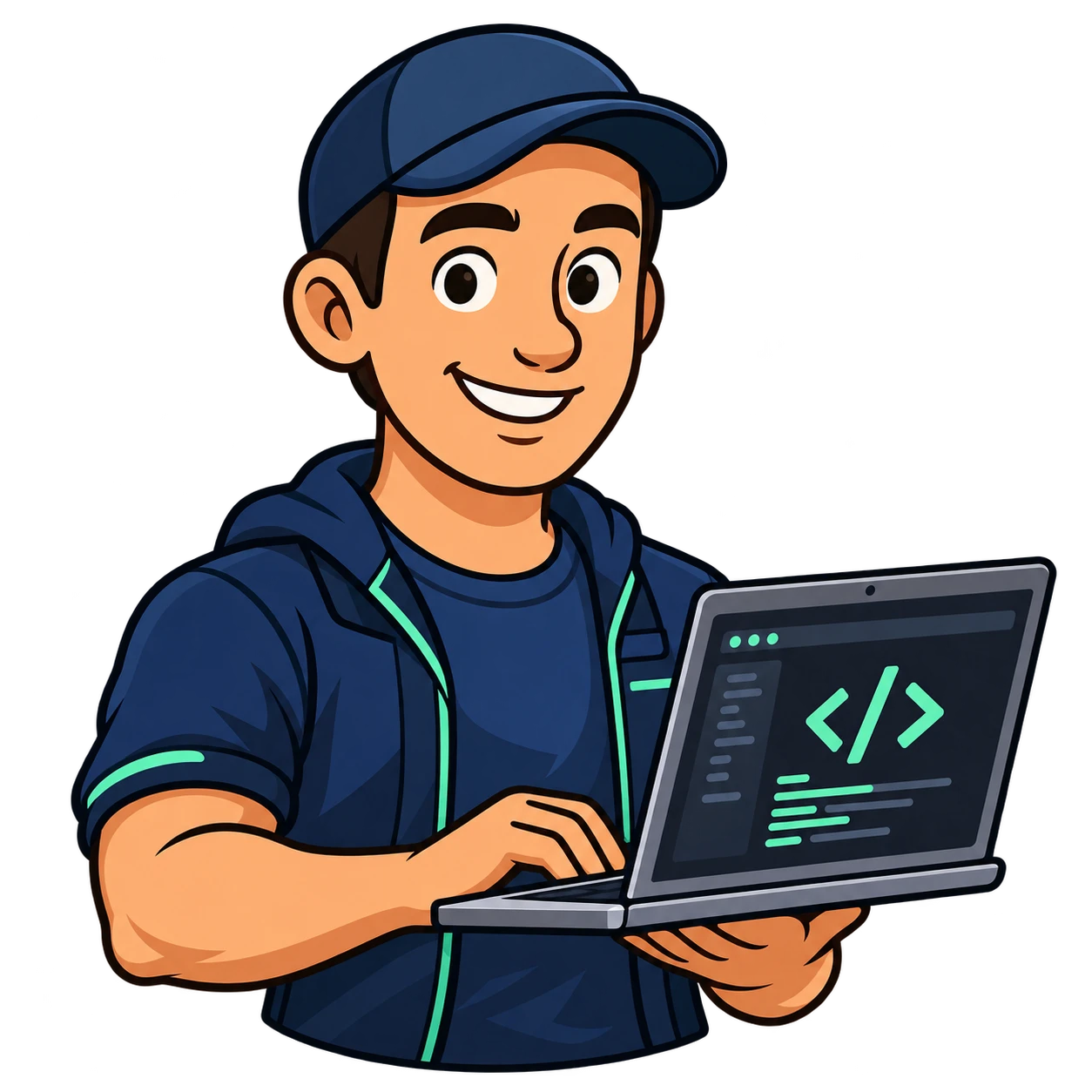 Alex Smart Tech coder mascot holding a laptop